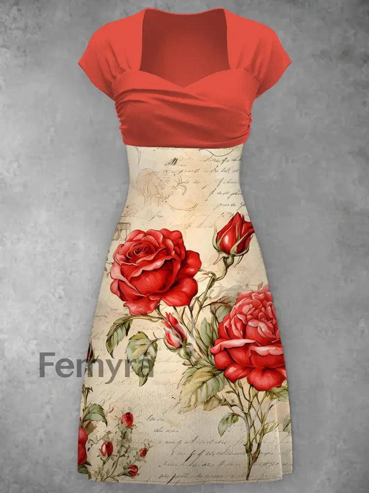 Elegant Baroque Flowers Printed V-Neck Short Sleeve Vintage Fashion Midi Dress A / S