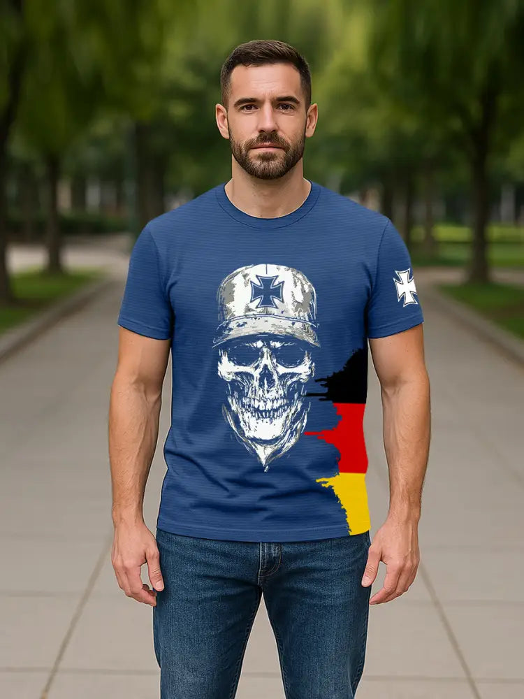 Men’s German Iron Cross Skull Print T-shirt Blue / S