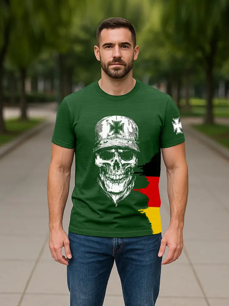 Men’s German Iron Cross Skull Print T-shirt Green / S