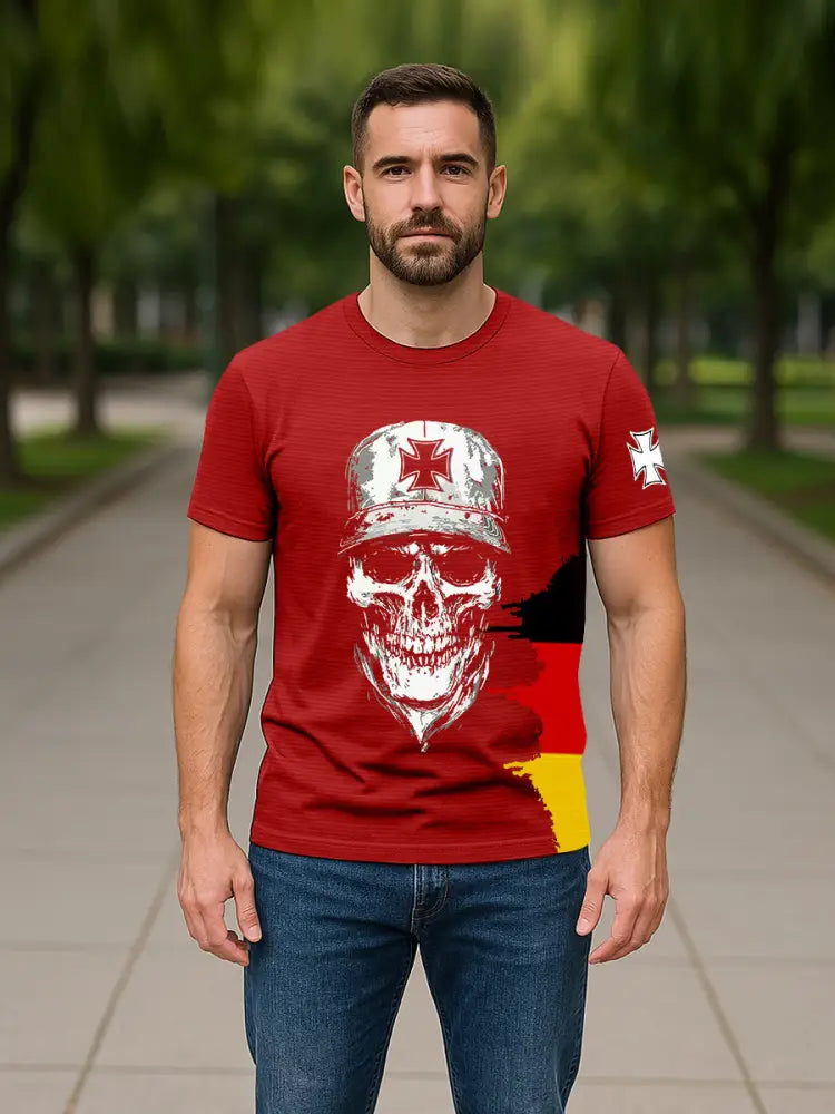 Men’s German Iron Cross Skull Print T-shirt Red / S