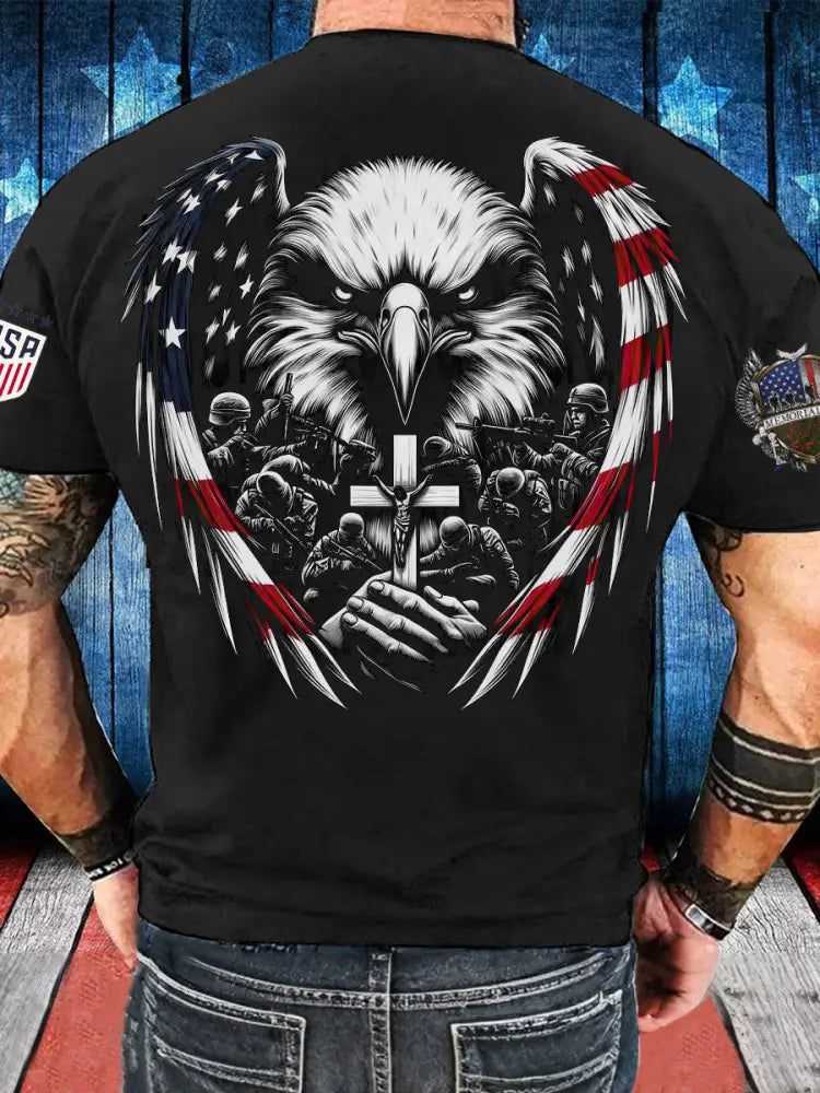 Men’s Memorial Day Veteran Eagle Cross Printed T-shirt Black / S
