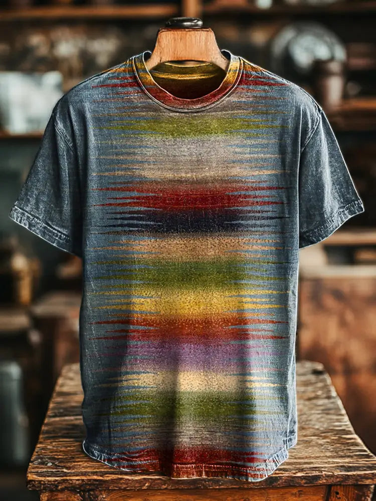 Unisex Retro Abstract Color Line Print Casual Loose Short Sleeve T-Shirt Colorful / S