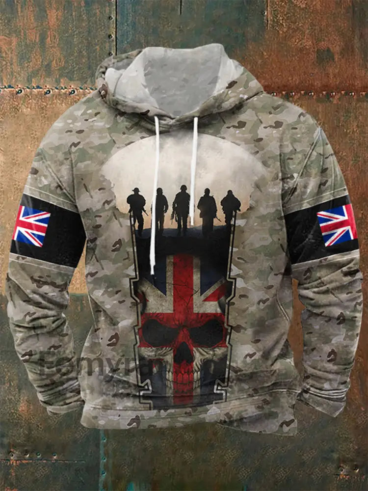 Men’s UK Flag Camouflage Skull Print Casual Hoodie Camouflage / S