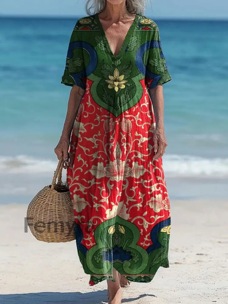 Retro Boho Art Printed V-Neck Vintage Loose Short Sleeves Midi Dress A / S
