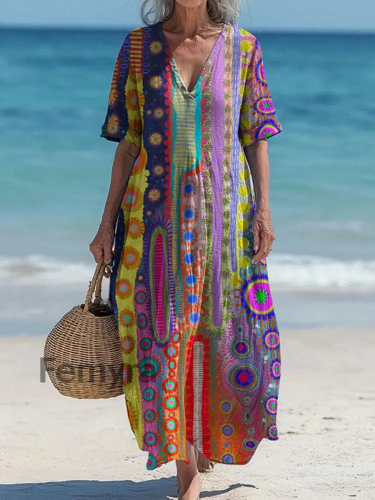 Retro Boho Art Printed V-Neck Vintage Loose Short Sleeves Midi Dress A / S