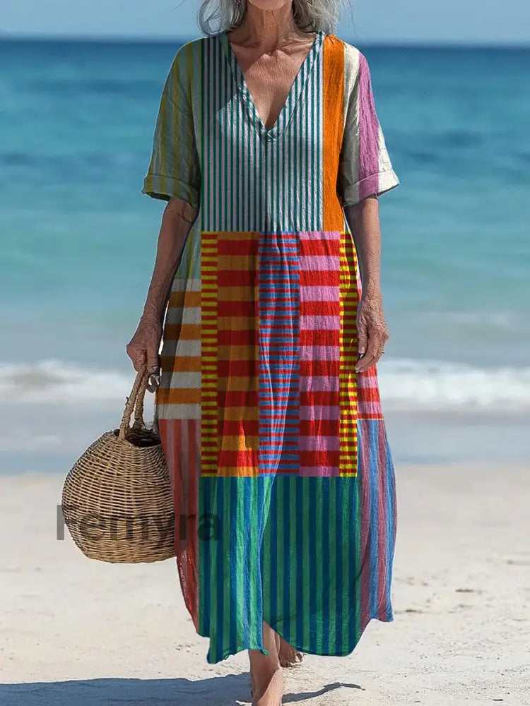 Retro Boho Art Printed V-Neck Vintage Loose Short Sleeves Midi Dress A / S