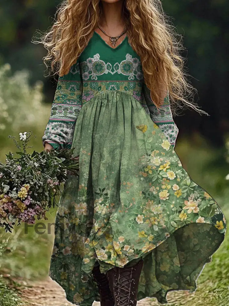 Retro Boho Floral Art Print Vintage Chic V-Neck Long Sleeve Midi Dress A / S