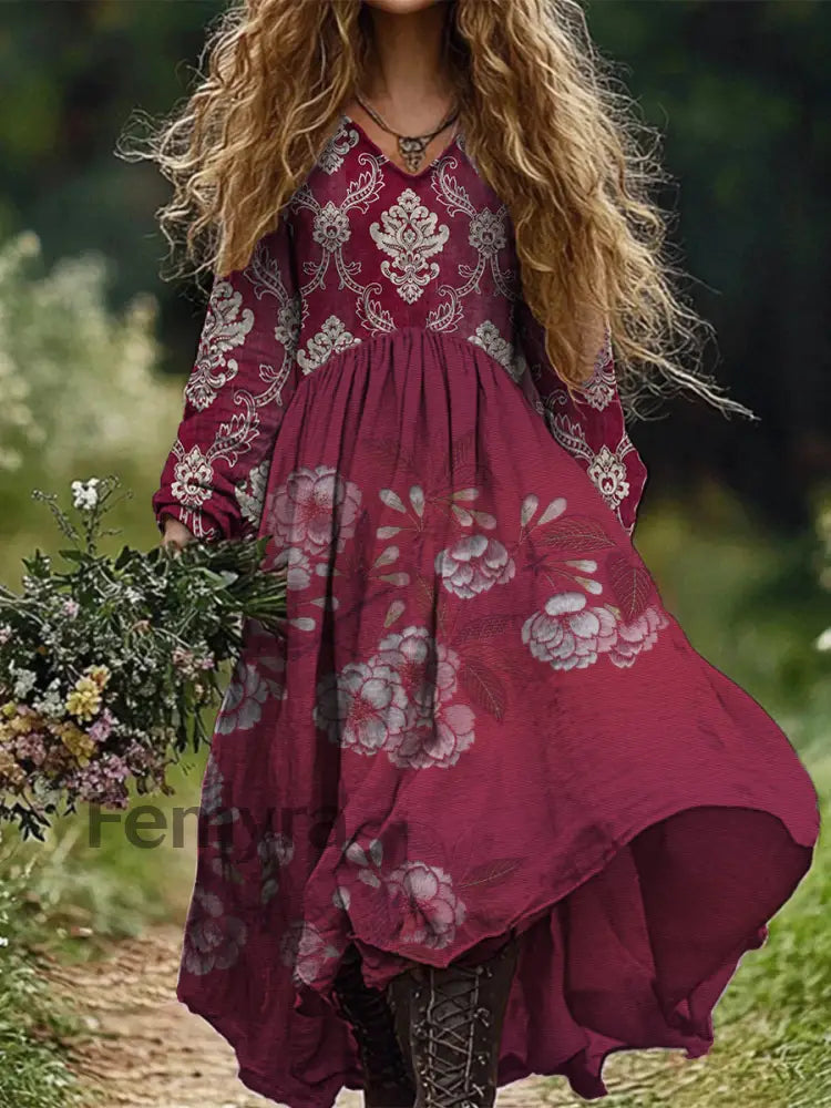 Retro Boho Floral Art Print Vintage Chic V-Neck Long Sleeve Midi Dress A / S