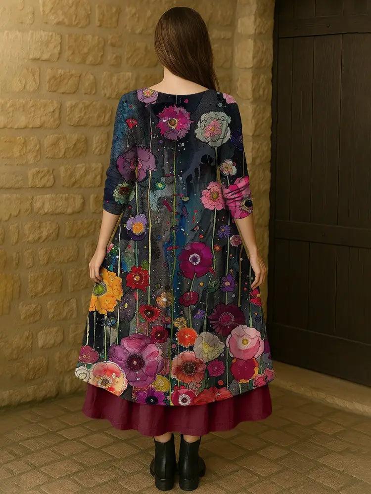 Retro Boho Floral Botany Print Vintage V-Neck Double Hemline Cotton Long Sleeve Midi Dress