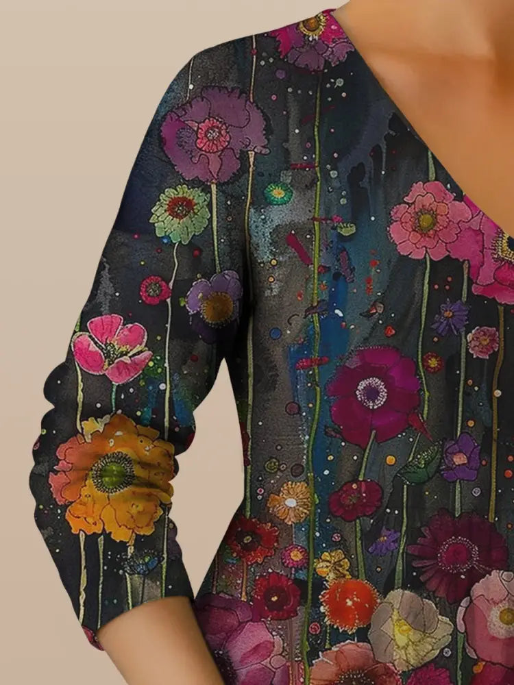 Retro Boho Floral Botany Print Vintage V-Neck Double Hemline Cotton Long Sleeve Midi Dress
