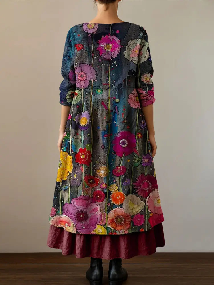 Retro Boho Floral Botany Print Vintage V-Neck Double Hemline Cotton Long Sleeve Midi Dress