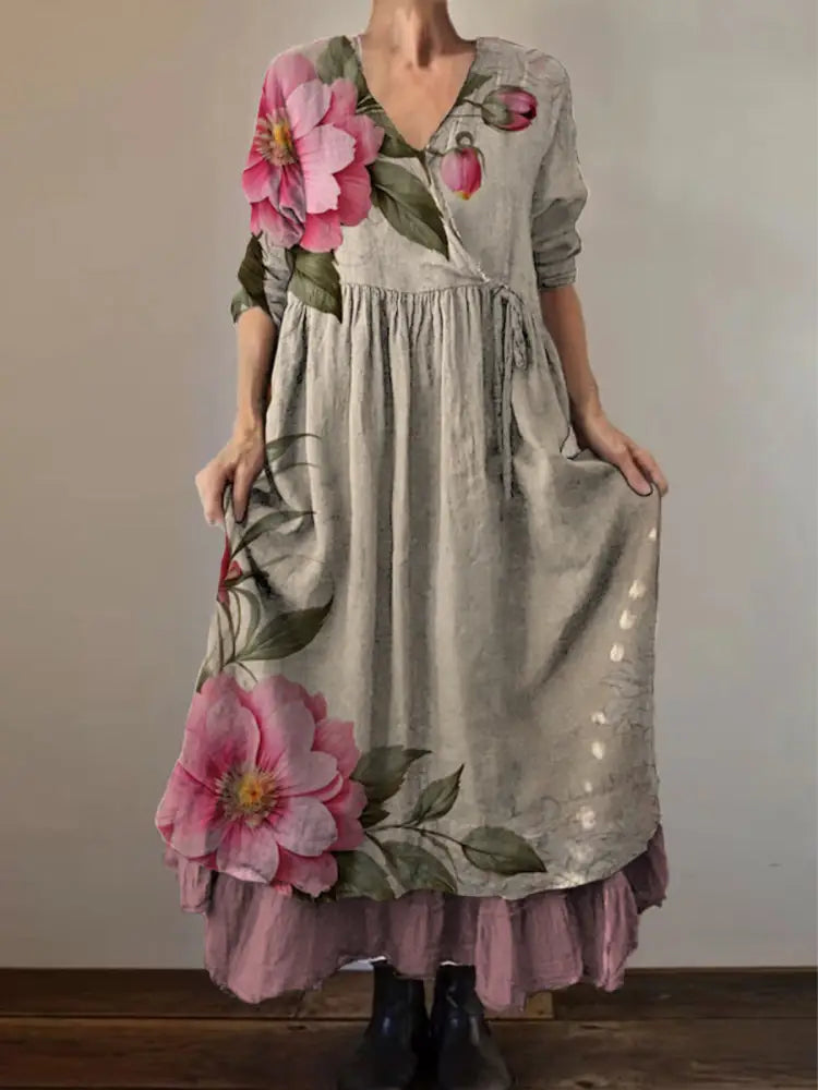 Retro Boho Floral Botany Print Vintage V-Neck Double Hemline Cotton Long Sleeve Midi Dress A / S