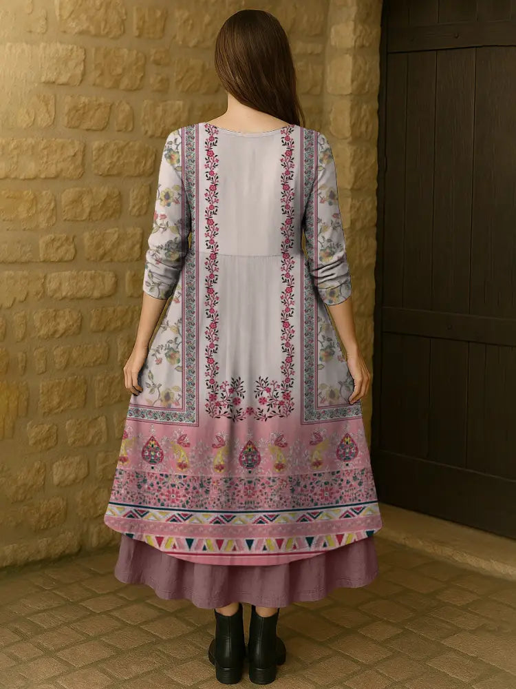 Retro Boho Floral Print Vintage V-Neck Double Hemline Cotton Long Sleeve Midi Dress