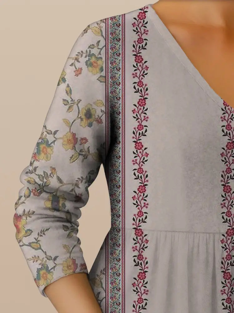 Retro Boho Floral Print Vintage V-Neck Double Hemline Cotton Long Sleeve Midi Dress