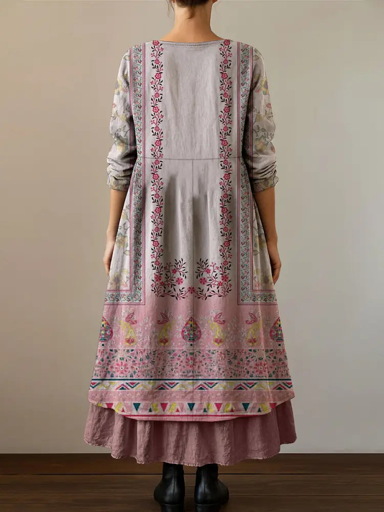 Retro Boho Floral Print Vintage V-Neck Double Hemline Cotton Long Sleeve Midi Dress