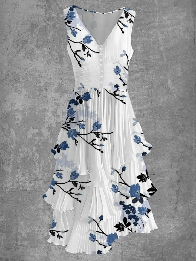 Retro Floral Art Print Sleeveless V-Neck Button Up Elegant Chic Flowing Midi Dress A / S
