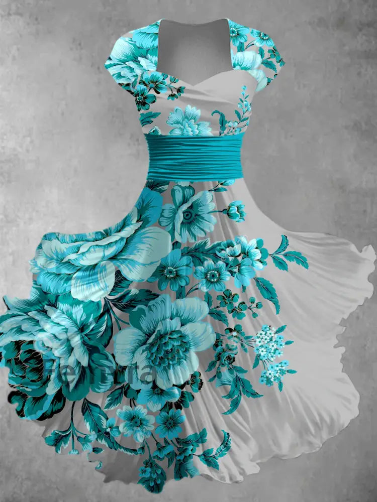 Retro Floral Art Printed Vintage V-Neck Pleated Waist Short Sleeve Midi Dress A / S
