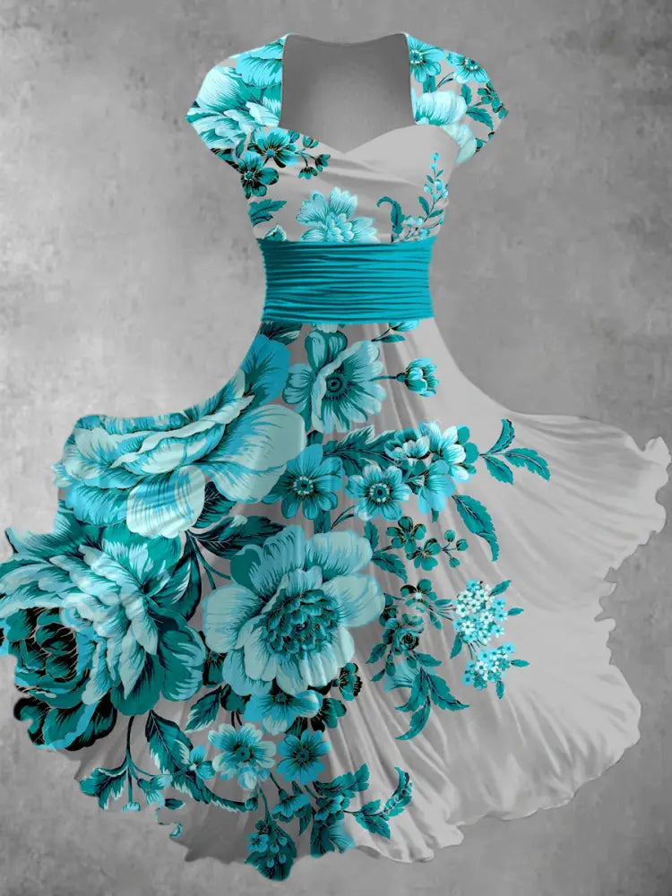 Retro Floral Art Printed Vintage V-Neck Pleated Waist Short Sleeve Midi Dress A / S