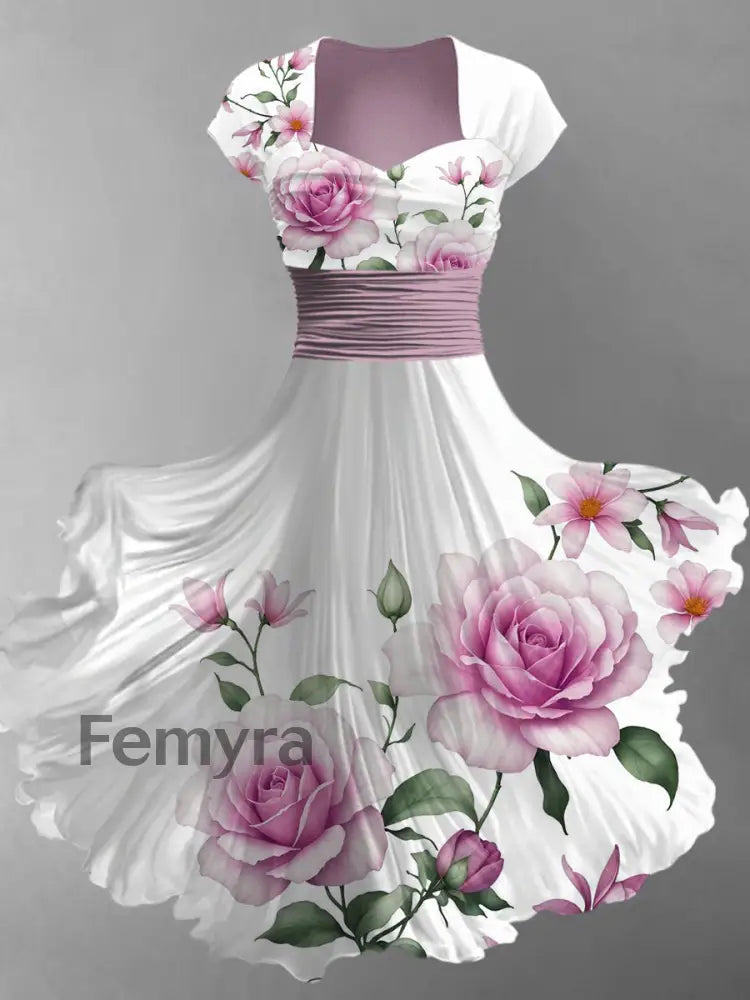 Retro Floral Art Printed Vintage V-Neck Pleated Waist Short Sleeve Midi Dress A / S