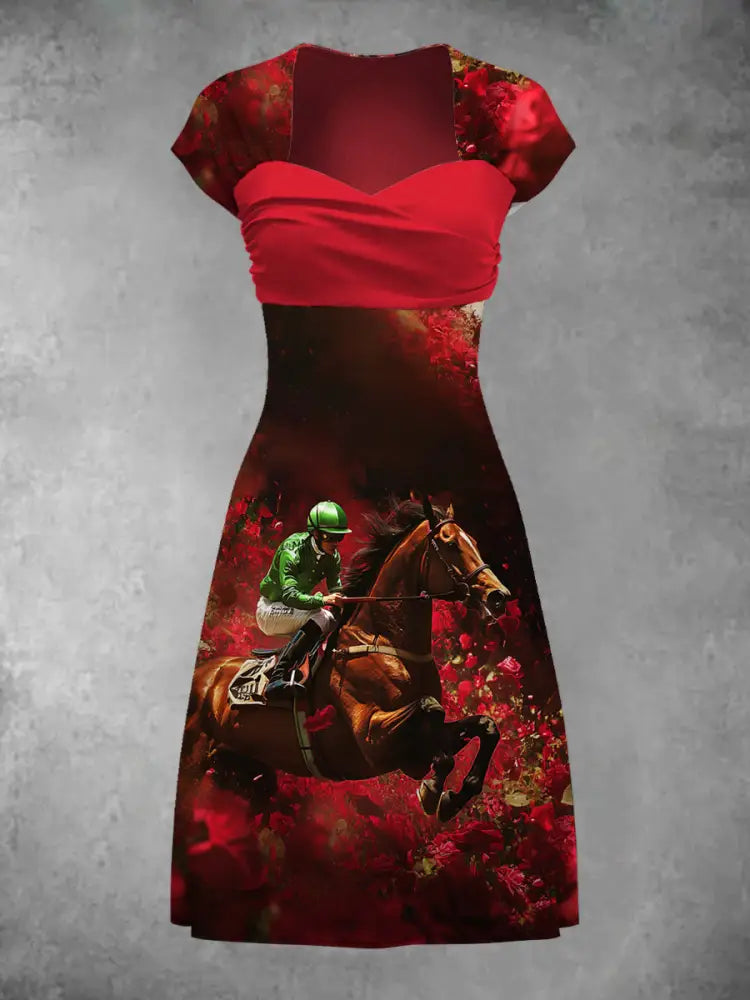 Retro Horse Racing Floral Art Print Casual Short Sleeve Dress A / S