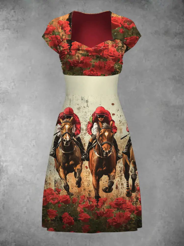 Retro Horse Racing Floral Art Print Casual Short Sleeve Dress A / S