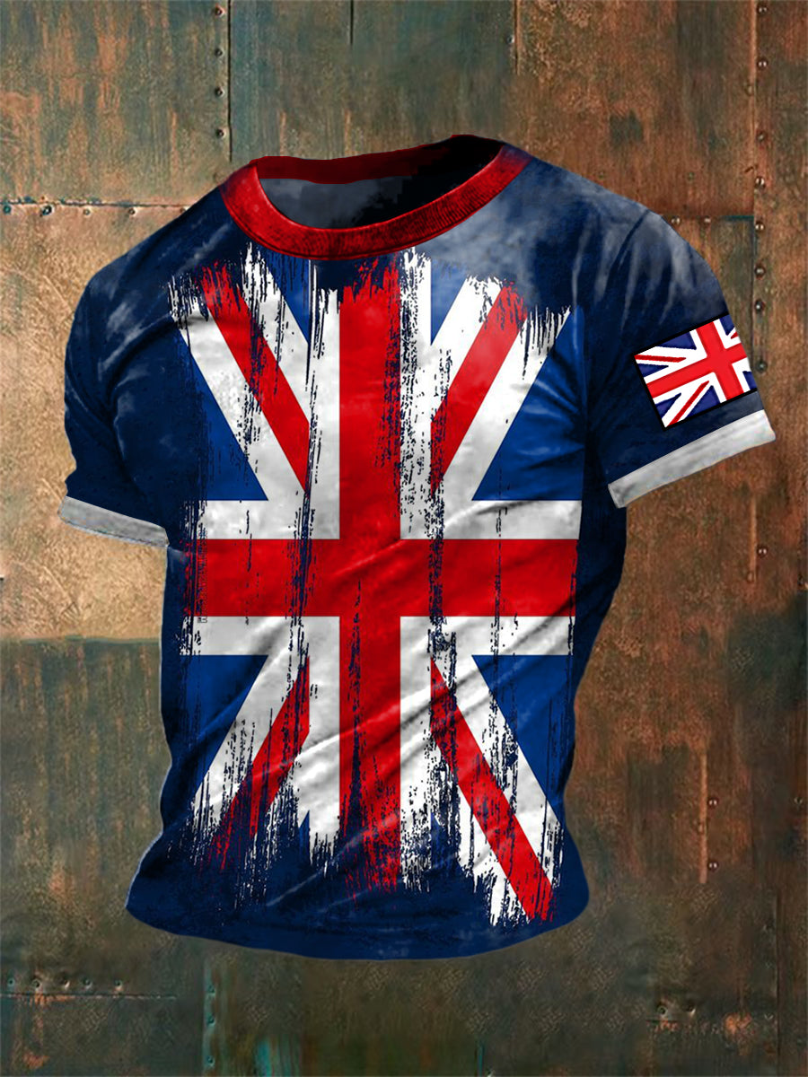 Unisex Vintage British Flag Patchwork Abstract Print Casual Cotton Short Sleeve T-Shirt