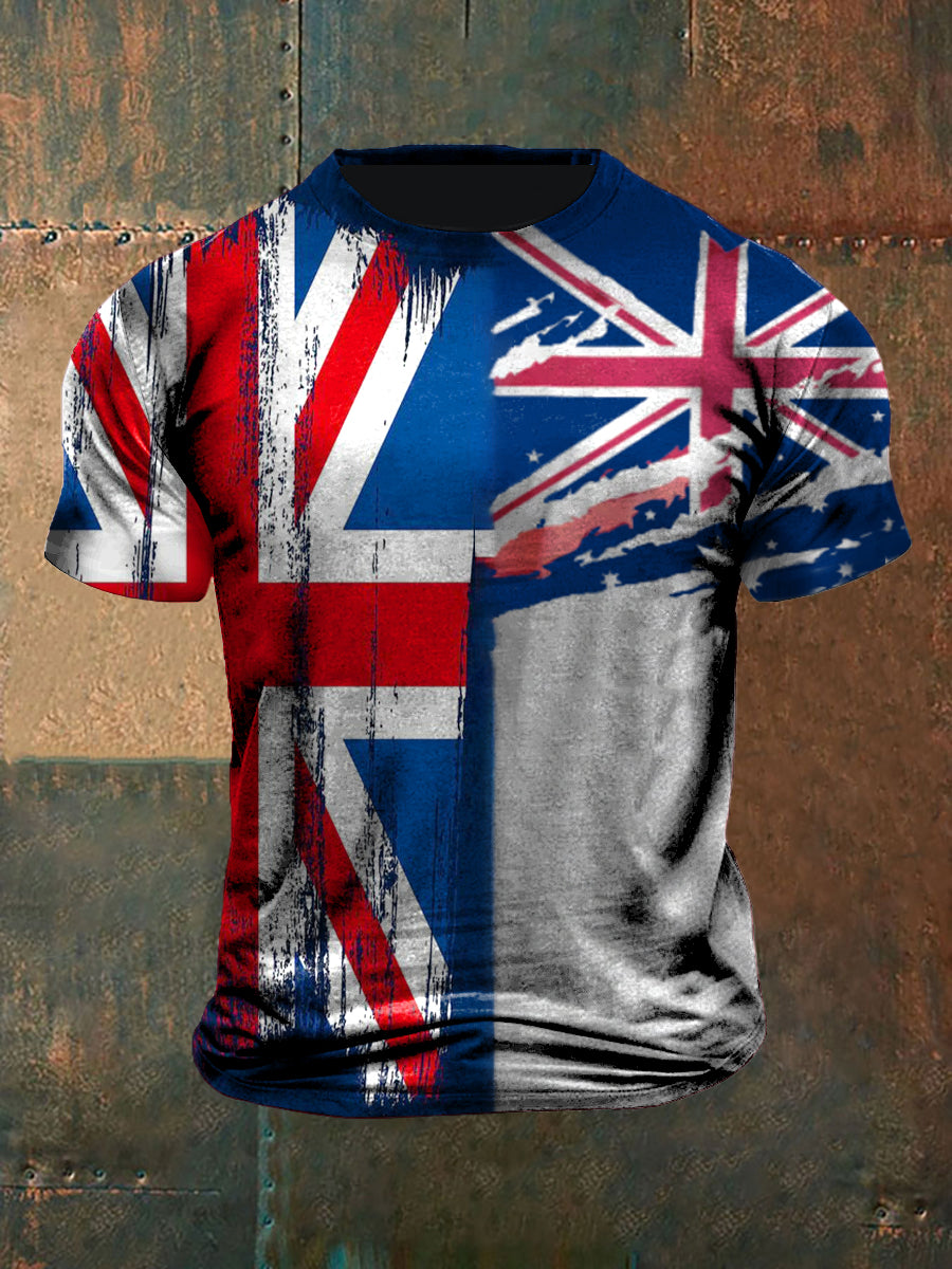 Unisex Vintage British Flag Patchwork Abstract Print Casual Cotton Short Sleeve T-Shirt