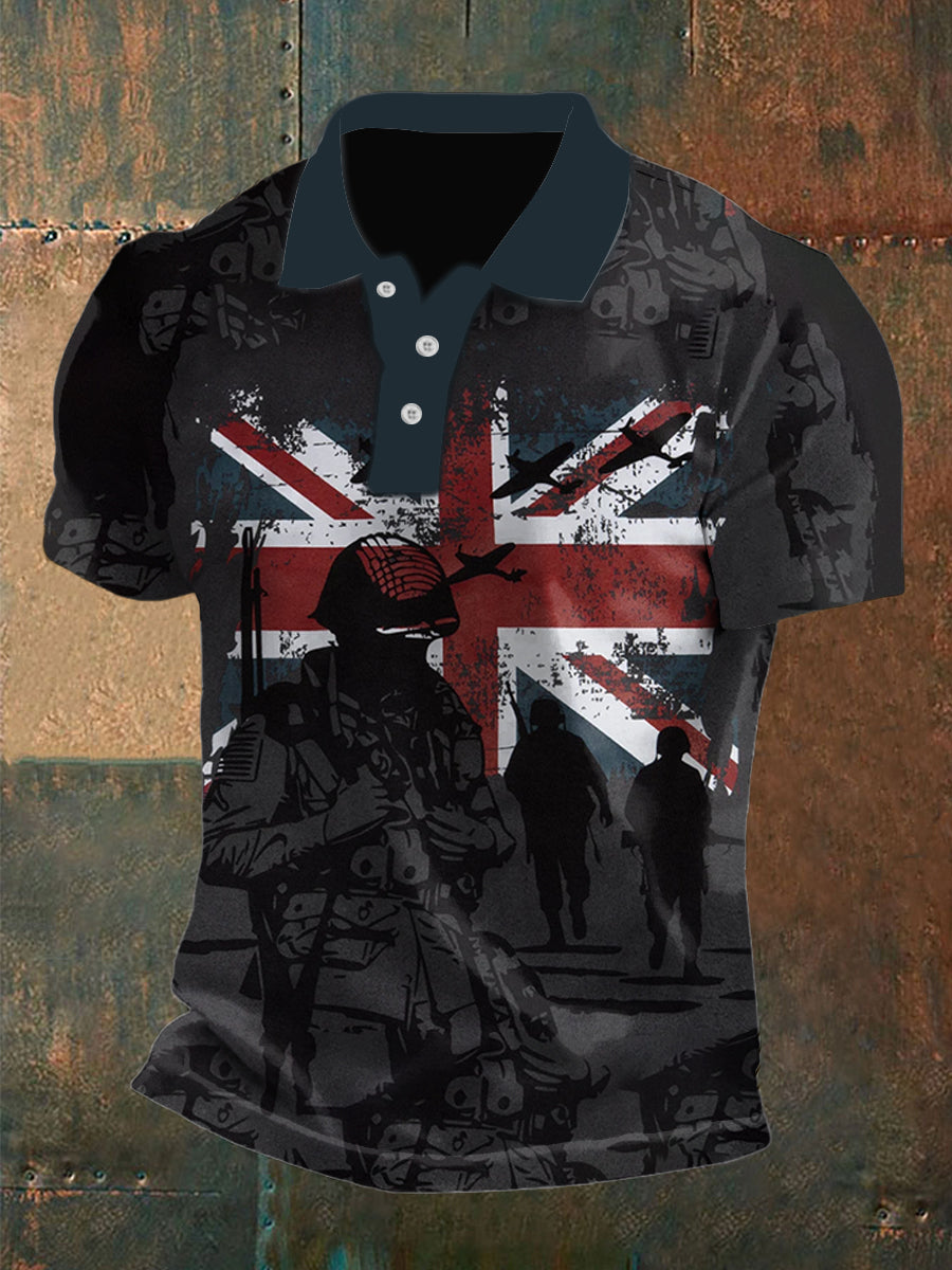 Men's Vintage British Flag Veteran War Aircraft Abstract Printed Casual Cotton Short Sleeve Polo Shirt