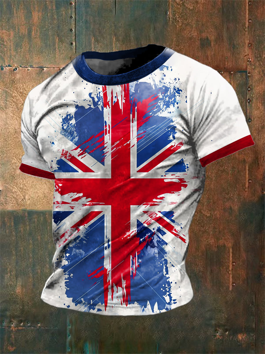 Unisex Vintage British Flag Patchwork Design Abstract Print Casual Cotton Short Sleeve T-Shirt