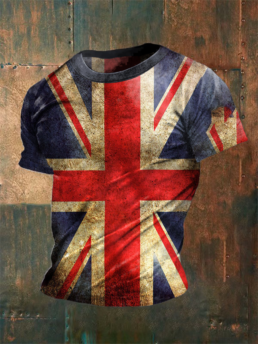 Unisex Vintage British Flag Aged Abstract Print Casual Cotton Short Sleeve T-Shirt
