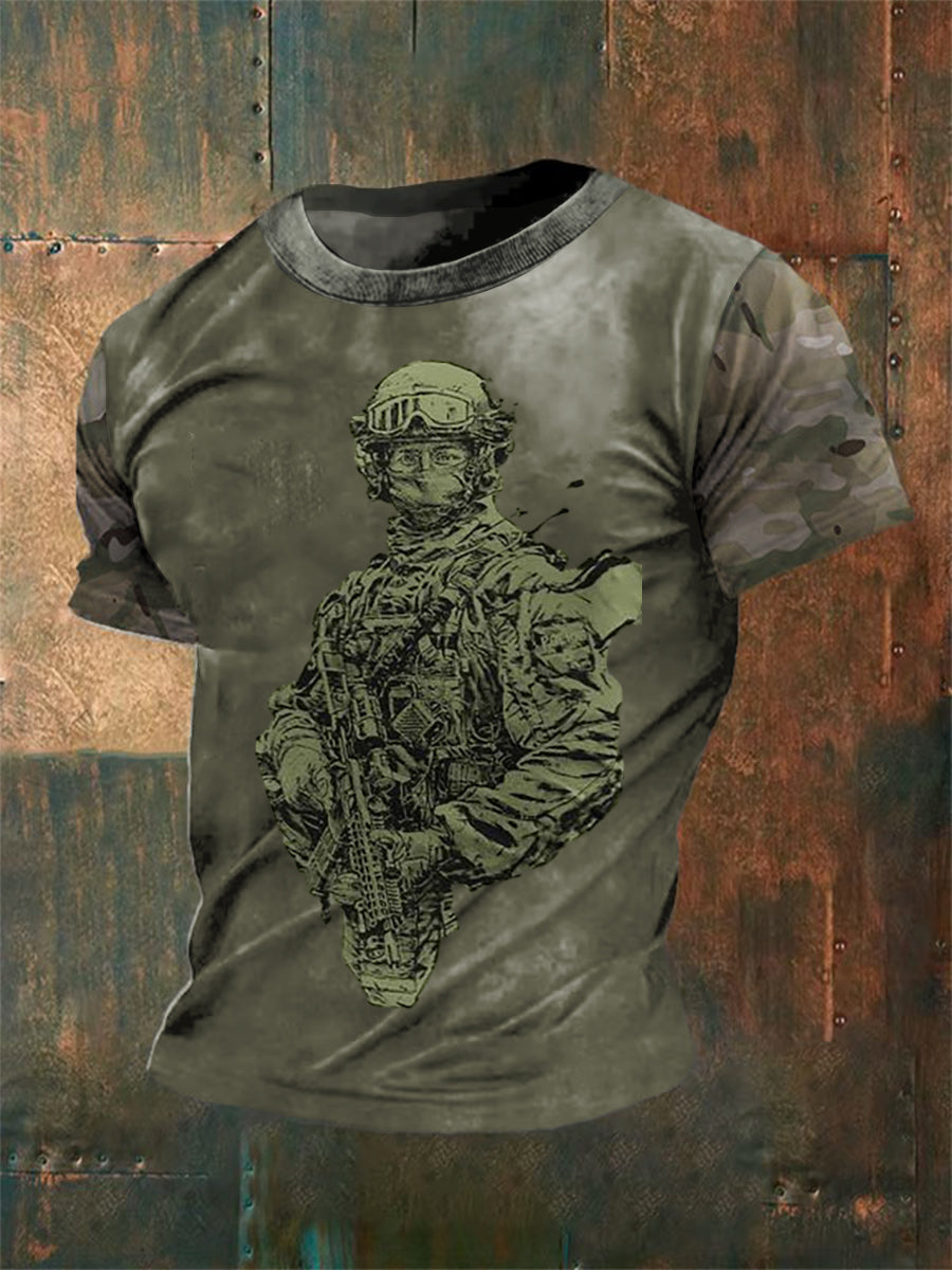 Unisex Vintage Veterans Camouflage Warrior UK Abstract Print Casual Cotton Short Sleeve T-Shirt