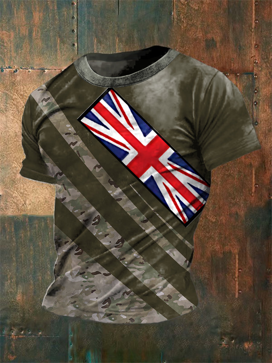 Unisex Vintage Veterans Camouflage British Flag Abstract Print Casual Cotton Short Sleeve T-Shirt
