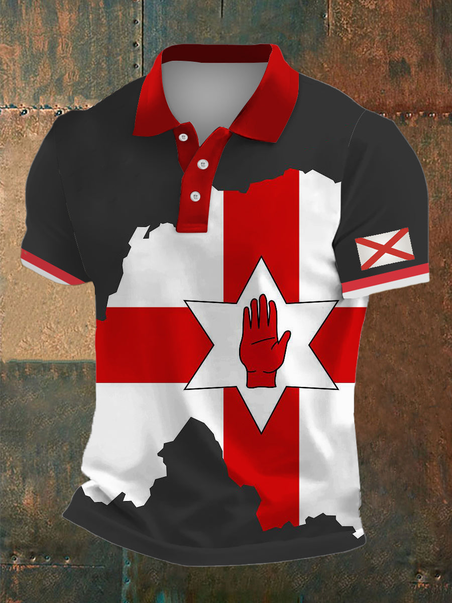 Men's Map Of Northern Ireland And Ulster Flag Print Polo Neck Plunger Short Sleeve T-Shirt
