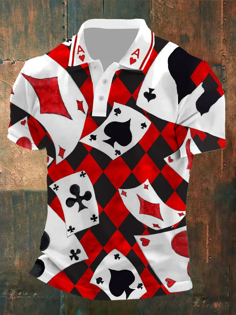 Men's Retro Poker Art Print Casual Polo Shirt