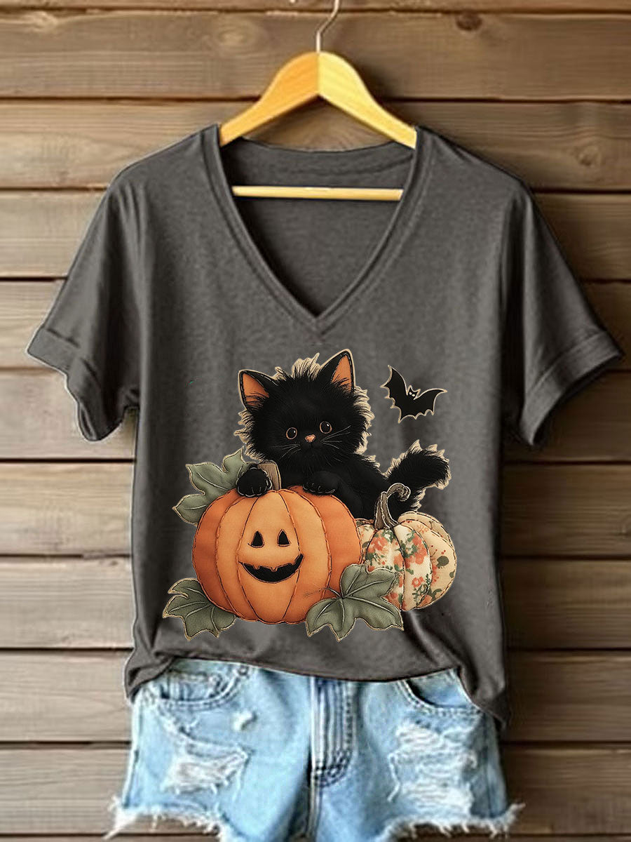 Women's Black Kitten Pumpkin Patchwork Printed Casual T-Shirt