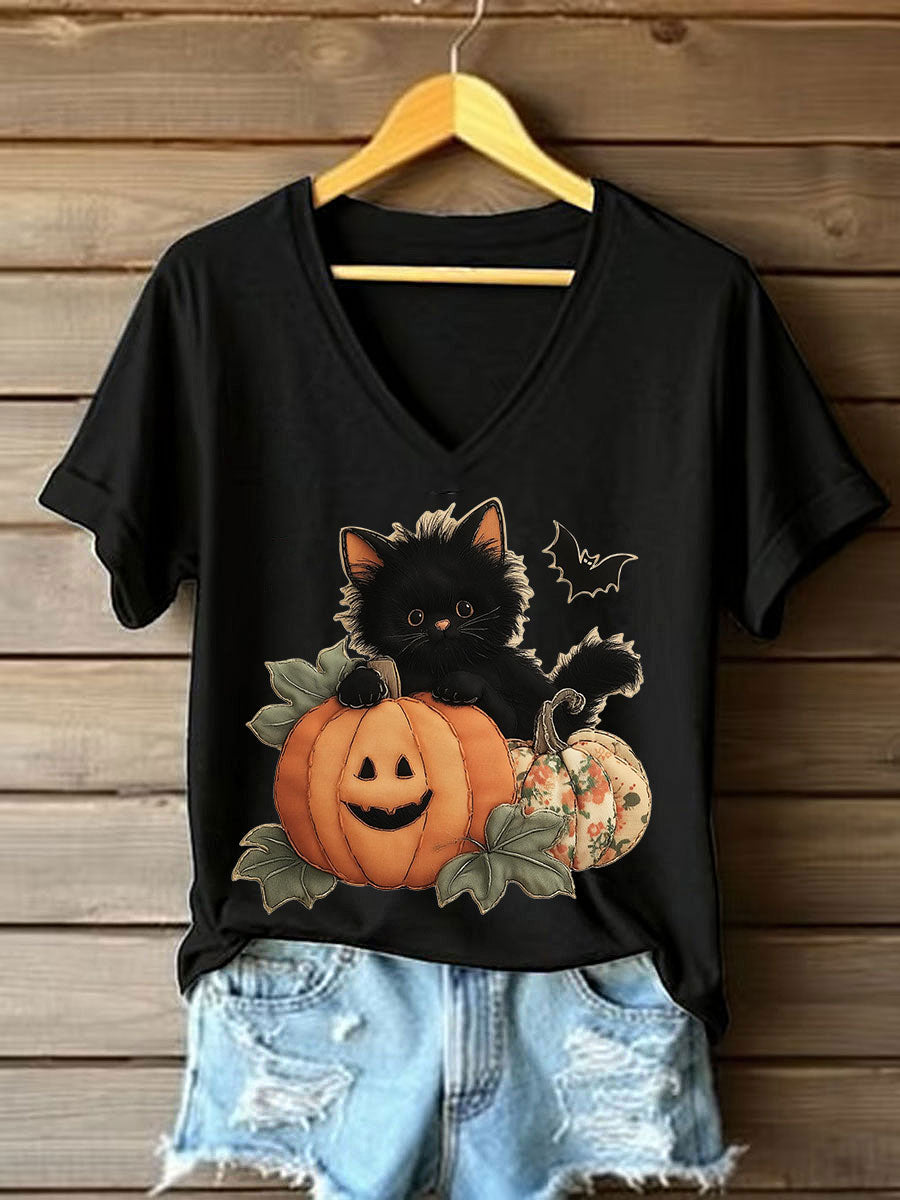 Women's Black Kitten Pumpkin Patchwork Printed Casual T-Shirt
