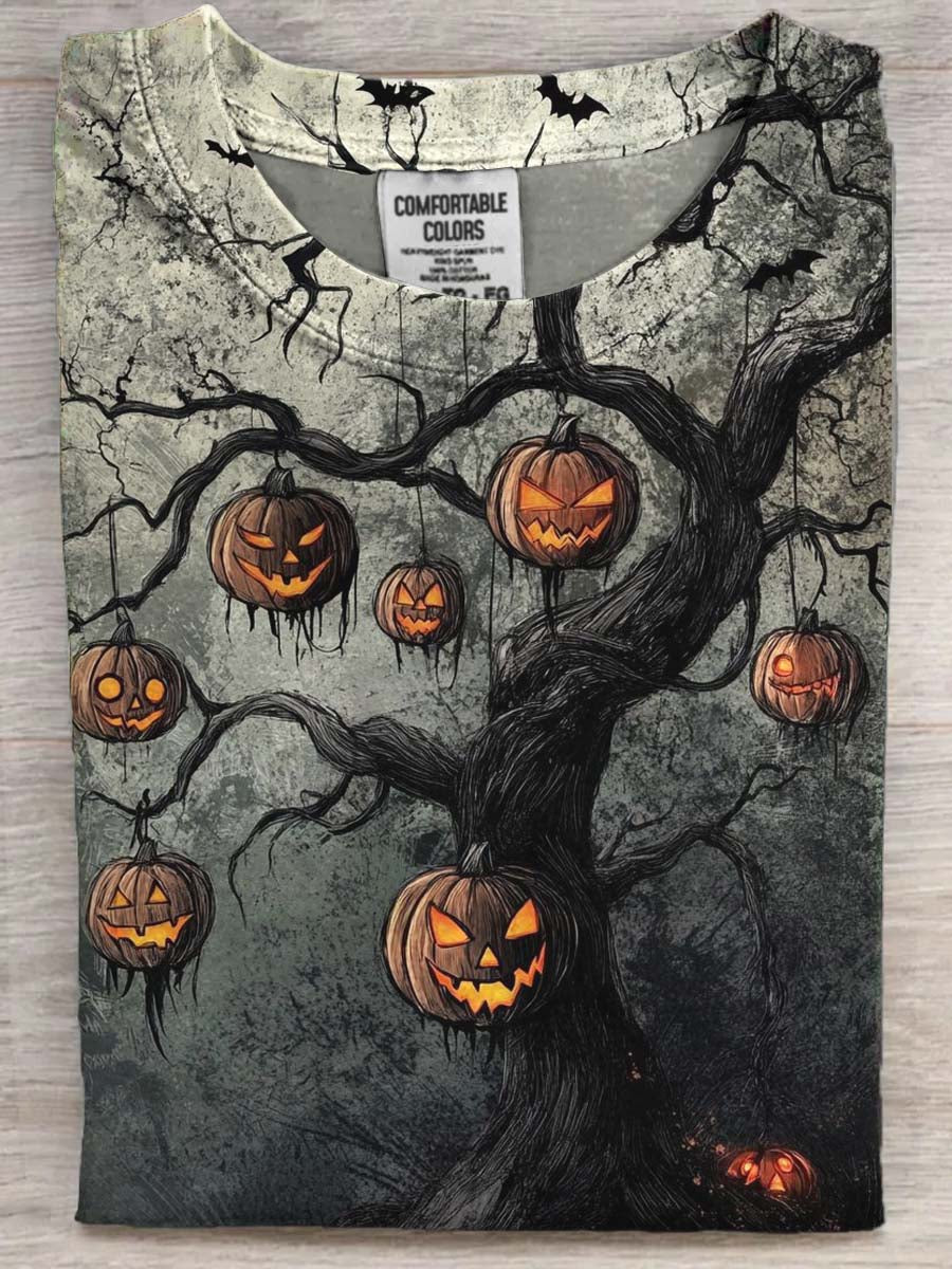 Halloween Evil Pumpkin Tree Print Casual Short Sleeve T-Shirt