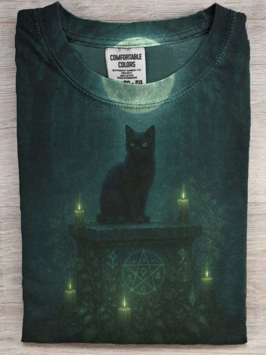 Halloween Magic Black Cat Print Casual Short Sleeve T-Shirt