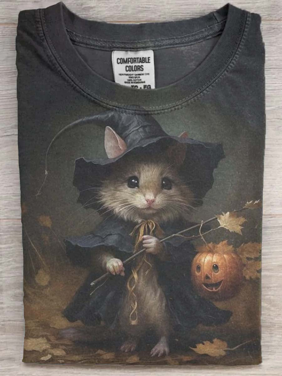 Halloween Wizard Mouse Print Casual Short Sleeve T-Shirt