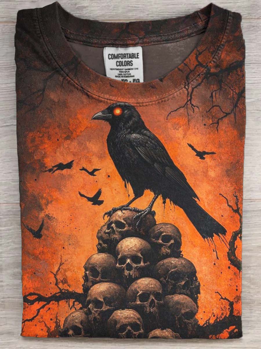 Halloween Raven Skull Print Casual Short Sleeve T-Shirt