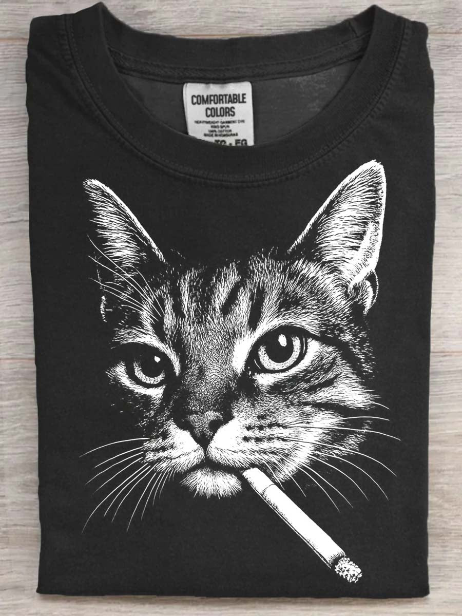 Halloween Smoking Cat Printed Casual Short Sleeve T-Shirt