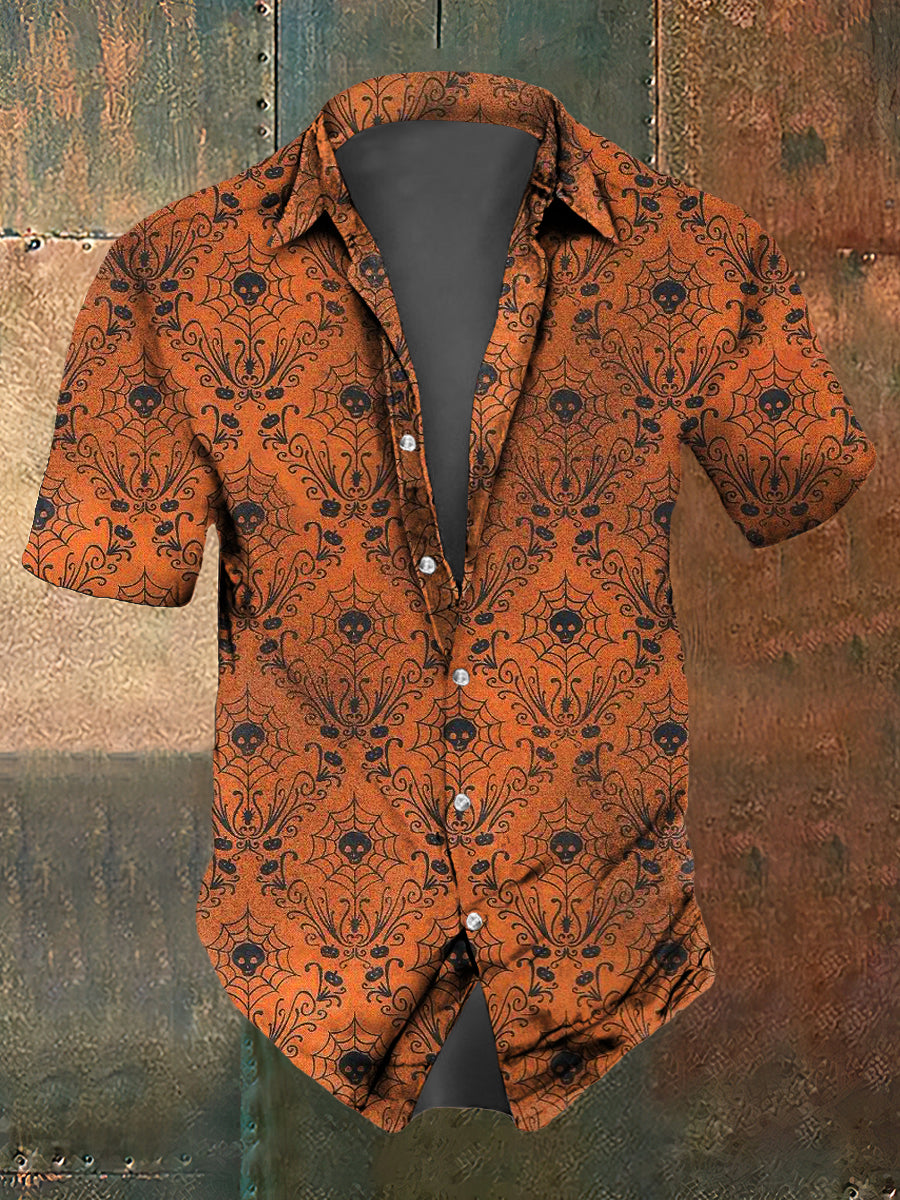 Men's Abstract Halloween Gothic Pumpkin Print Casual Short Sleeved Shirt