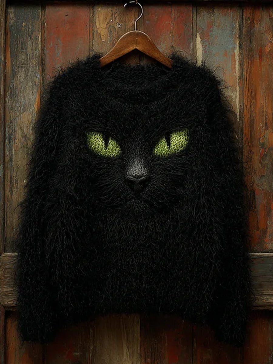 Men's Vintage Hallowee Black Cat Printed Long Sleeve Sweatshirt / Hoodie