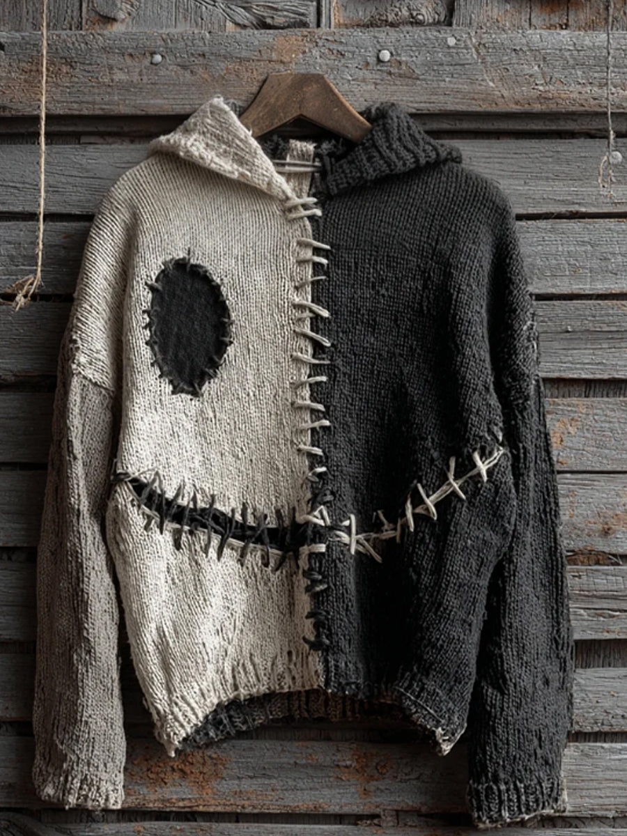 Women's Halloween Spooky Face Contrast Stitched Hooded Cozy Knit Sweater