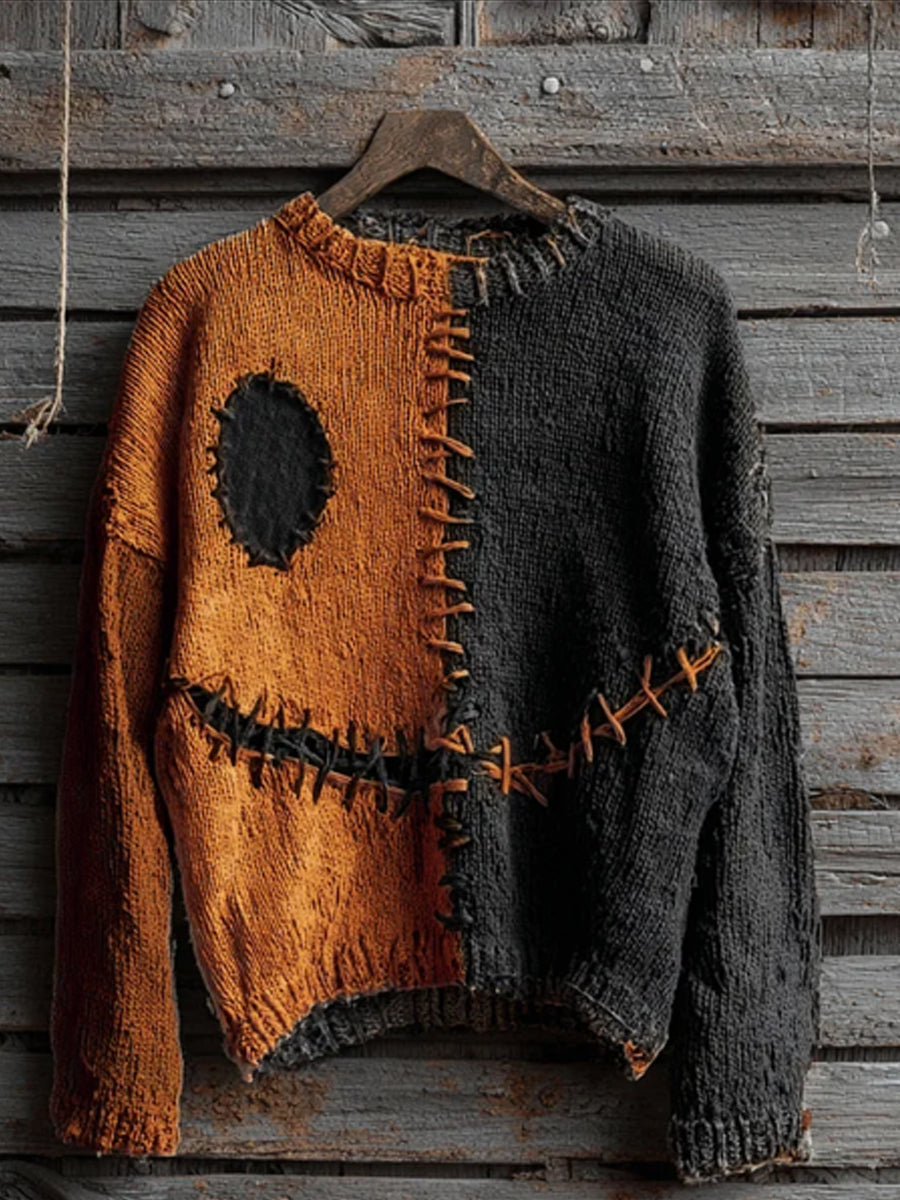 Unisex Halloween Spooky Face Contrast Stitching Comfortable Knitted Sweater