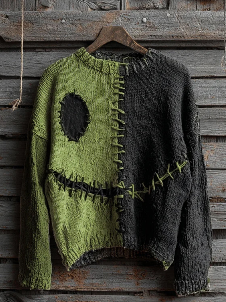 Unisex Halloween Spooky Face Contrast Stitching Comfortable Knitted Sweater