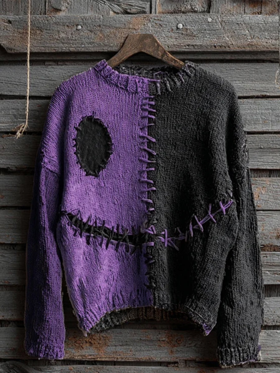 Unisex Halloween Spooky Face Contrast Stitching Comfortable Knitted Sweater