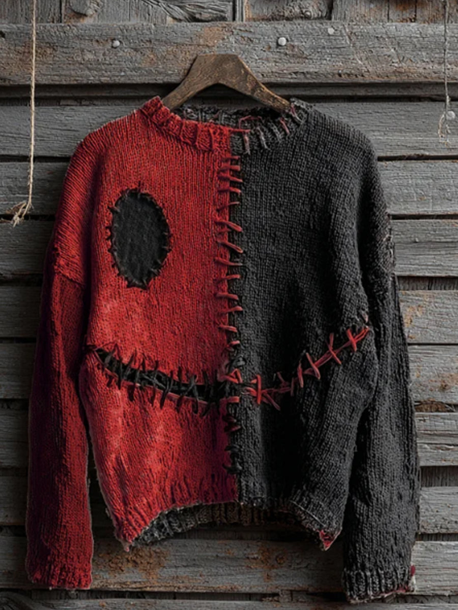 Unisex Halloween Spooky Face Contrast Stitching Comfortable Knitted Sweater