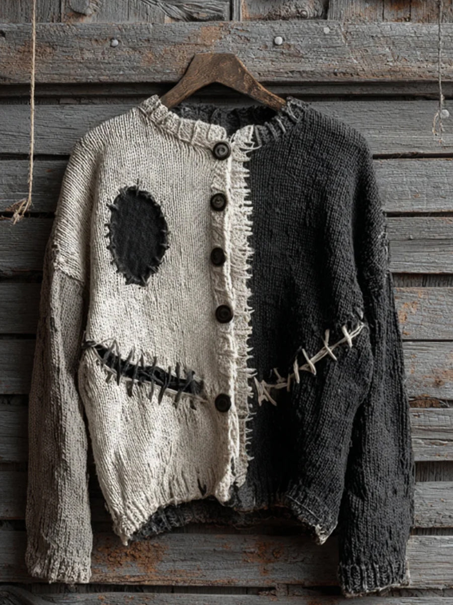 Women's Halloween Spooky Face Contrast Stitched Cozy Knit Cardigan