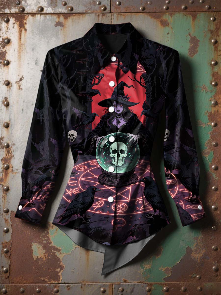 Women's Vintage Punk Halloween Witch Bats Printed Casual Long Sleeve Irregular Shirt
